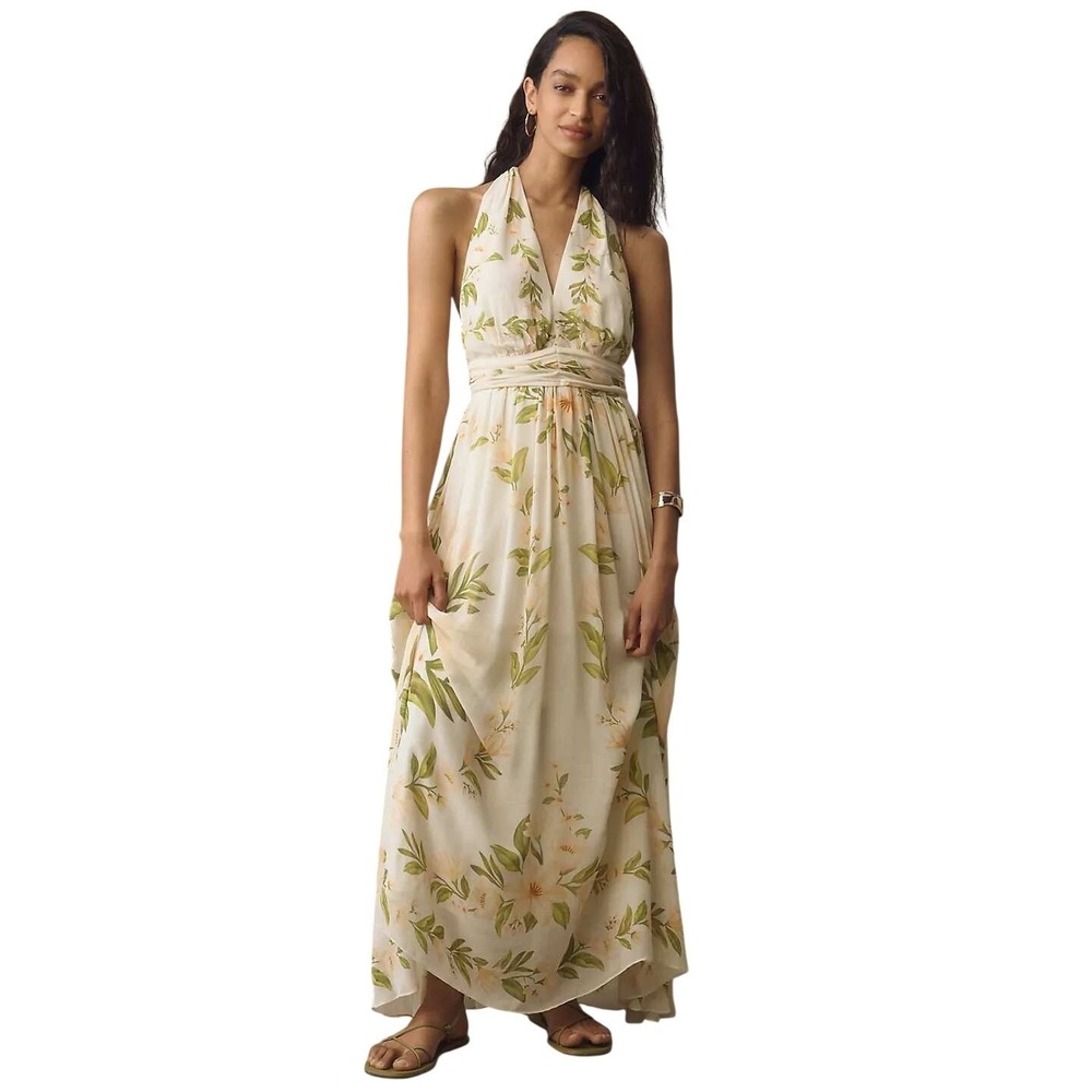FARM Rio Women's V-Neck Floral Printed Halter Chiffon Maxi Dress Size Small NWT